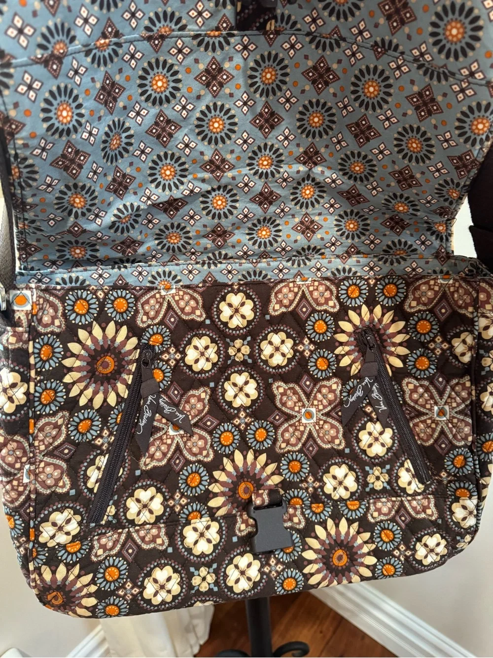 Vera Bradley Quilted Messenger Bag in Brown Cream Floral Laptop Shoulder